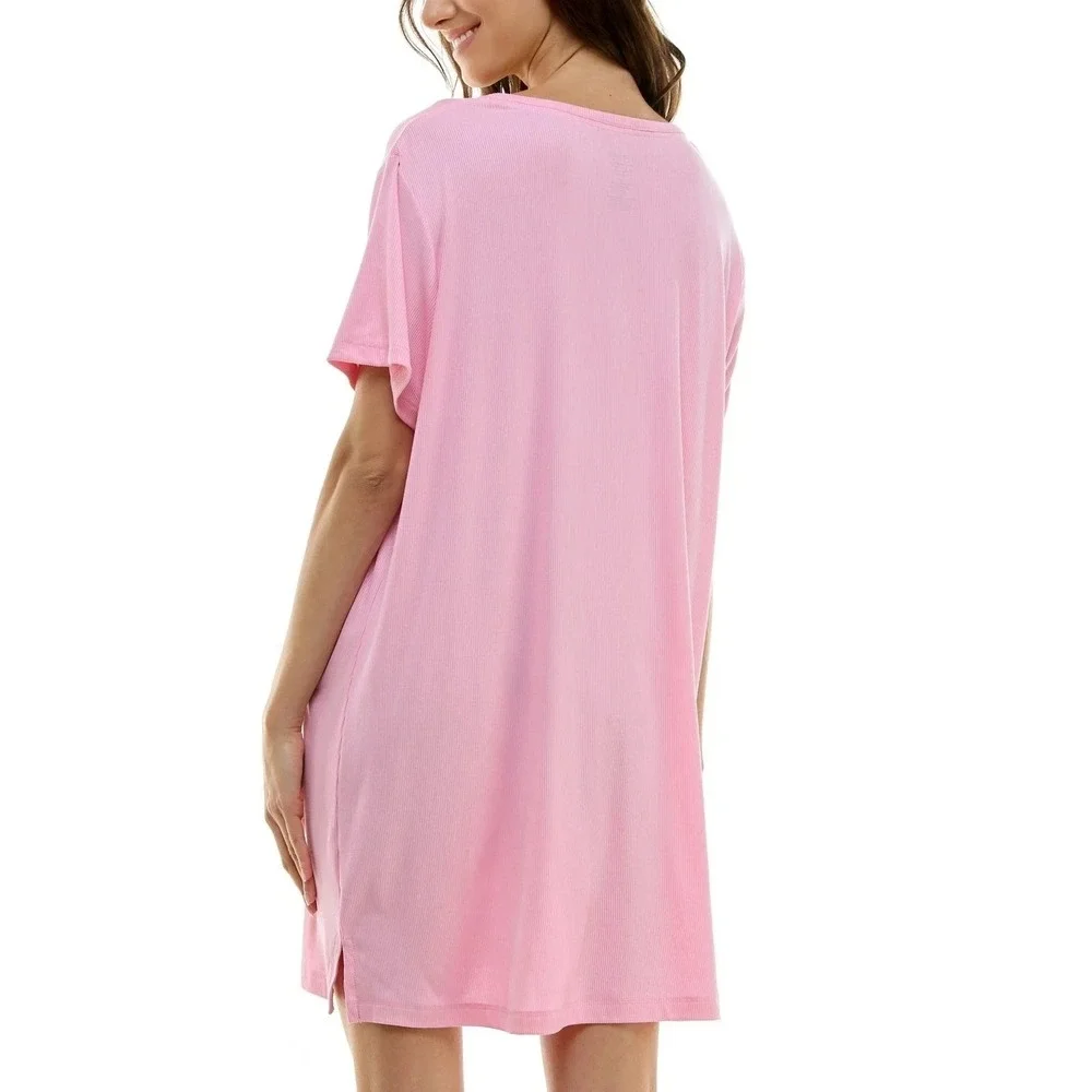 Roudelain Womens XL Short Sleeve Ribbed Henley Sleep Shirt in Orchid Pink 2432